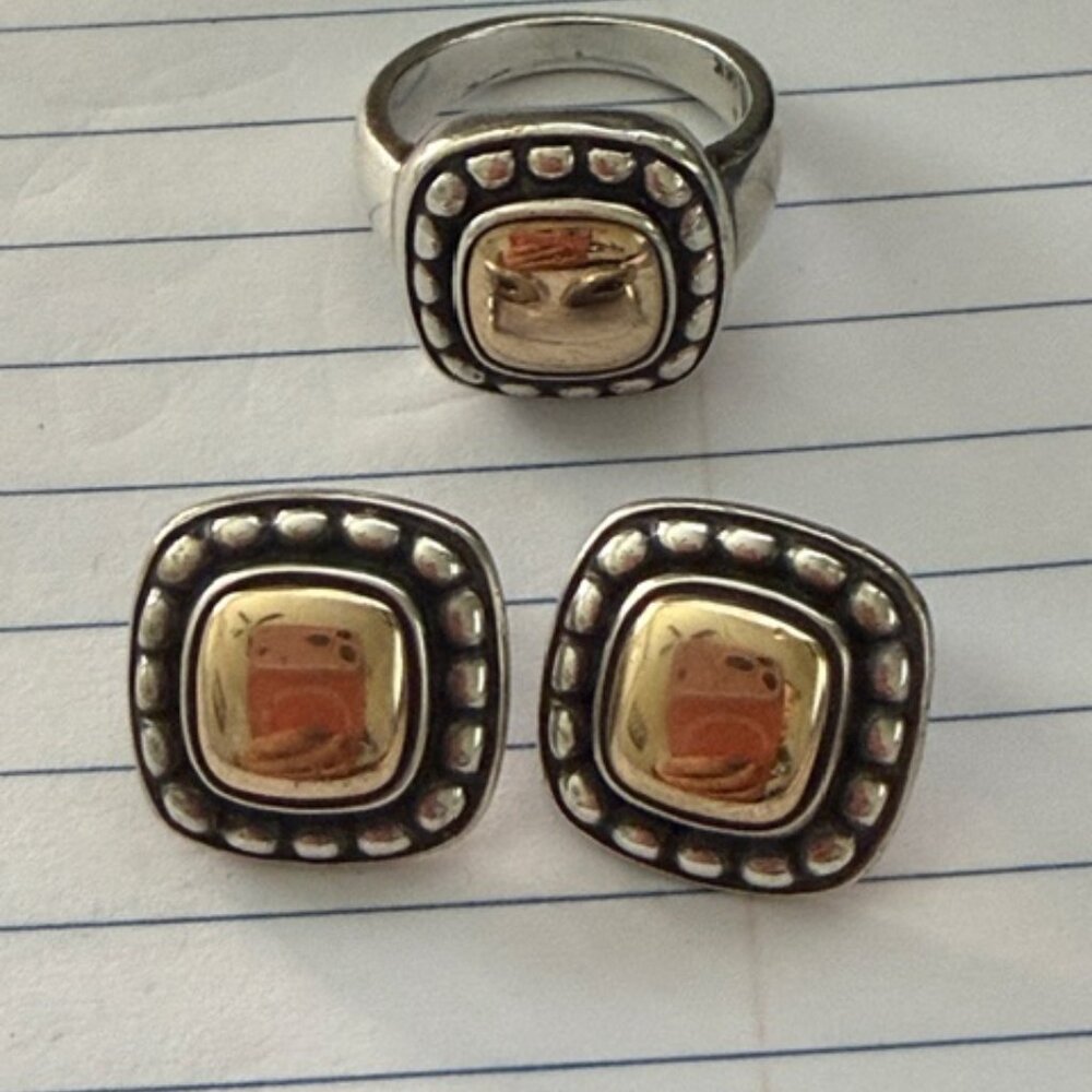 James Avery Beaded Antique 14K Gold & Silver Square Dome Earrings~Retired~